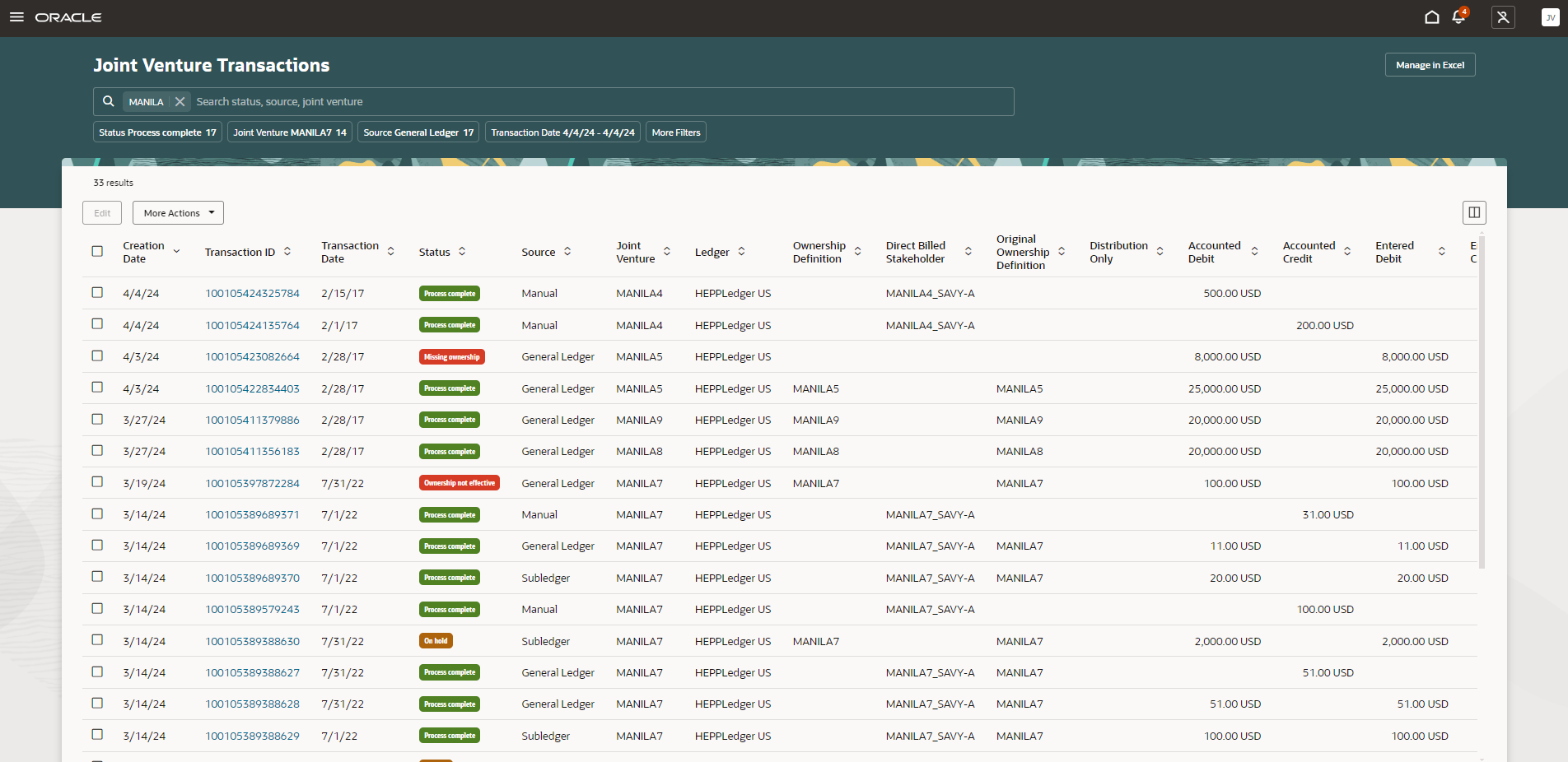 Joint Venture Transactions workarea showing detailed status errors.