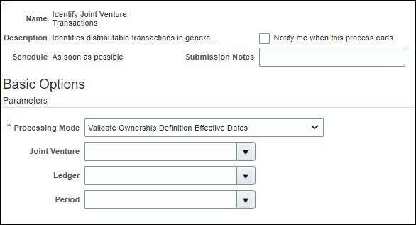Process options for the Identify Joint Venture Transactions job for the mode Validate Ownership Definition Effective Dates.