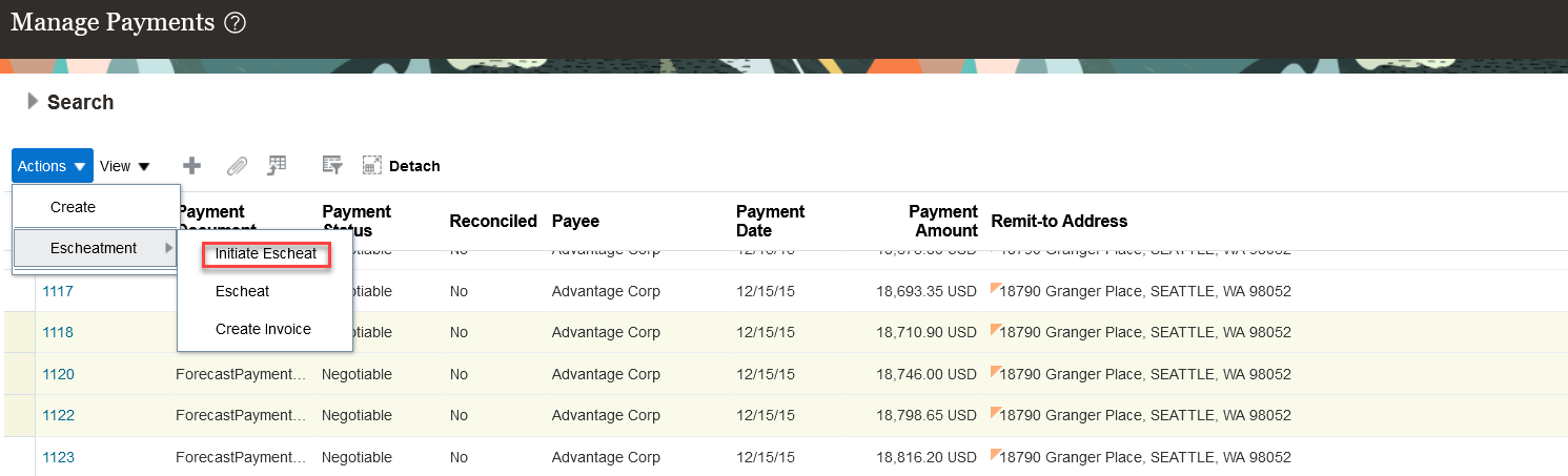 Initiate Escheatment from Manage Payments Page