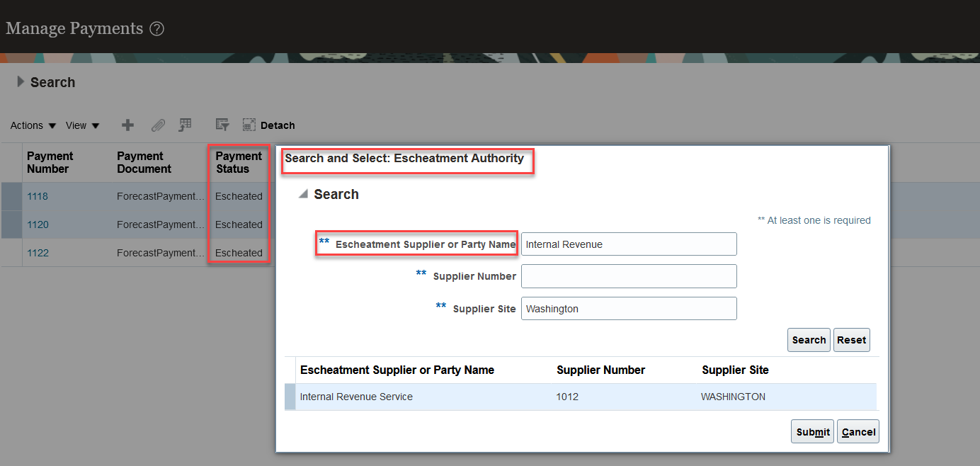 Choose Escheatment Supplier to create an invoice