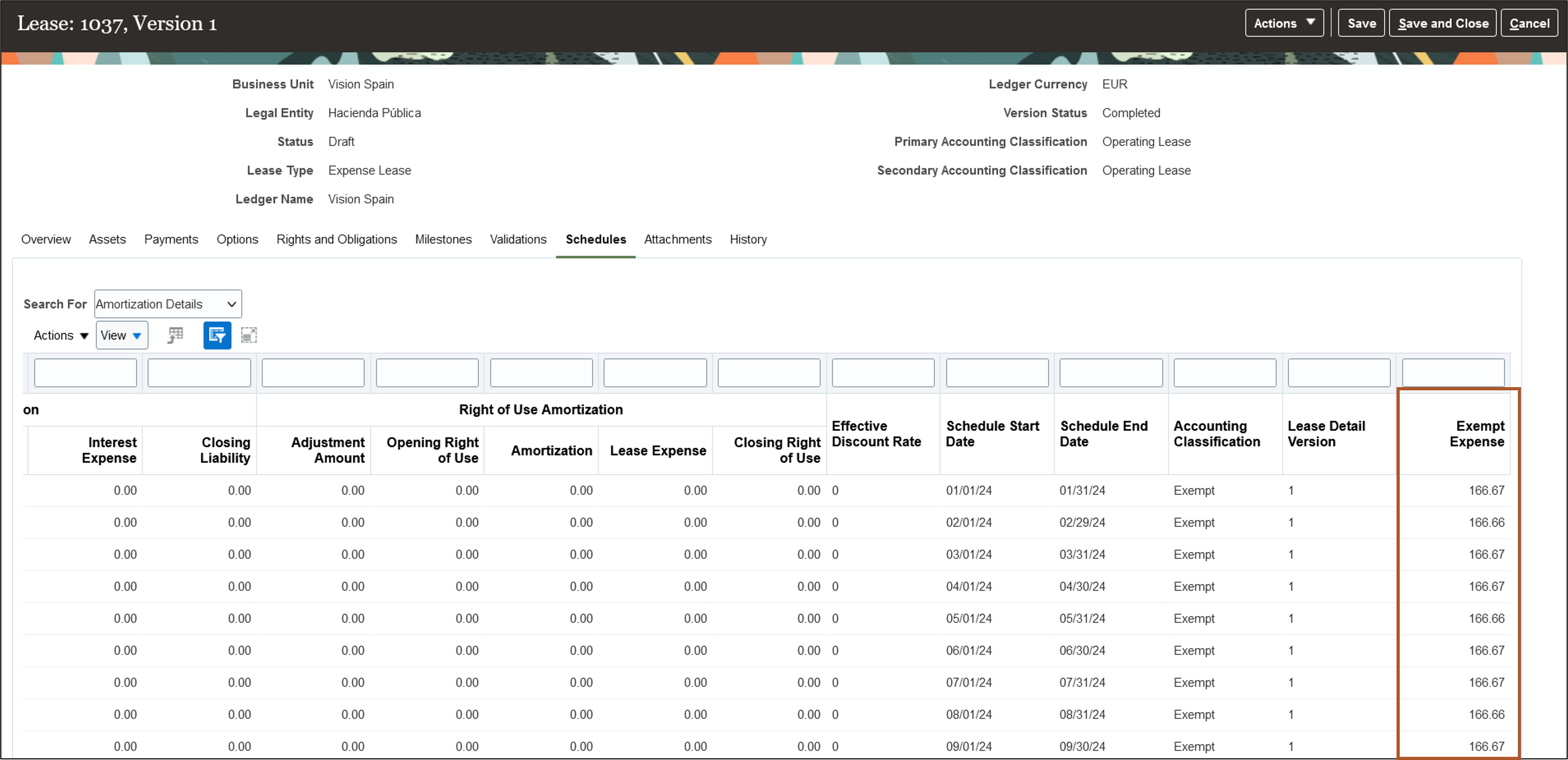 Schedules - Amortization Details page