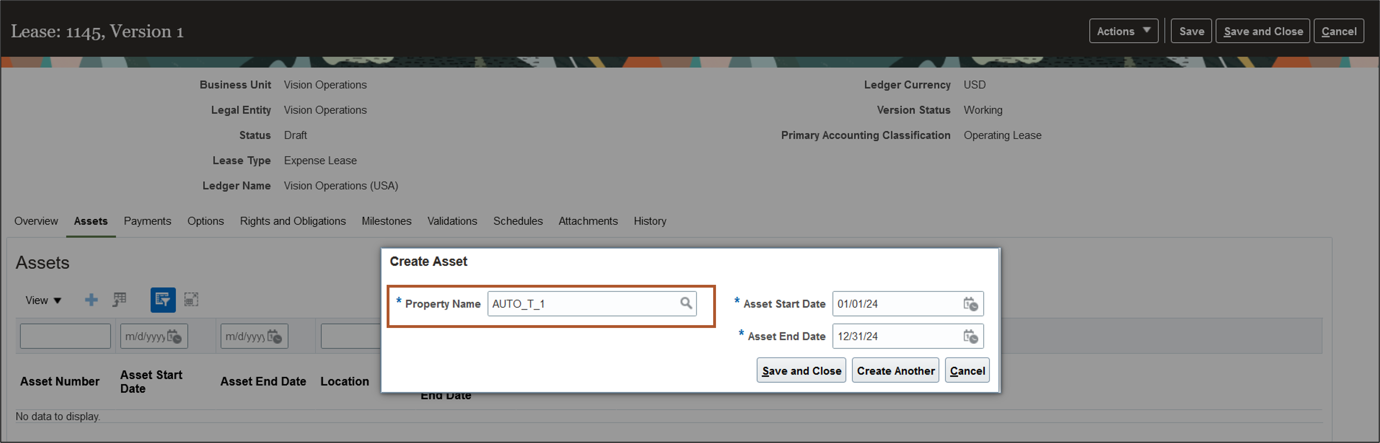 Create Asset page