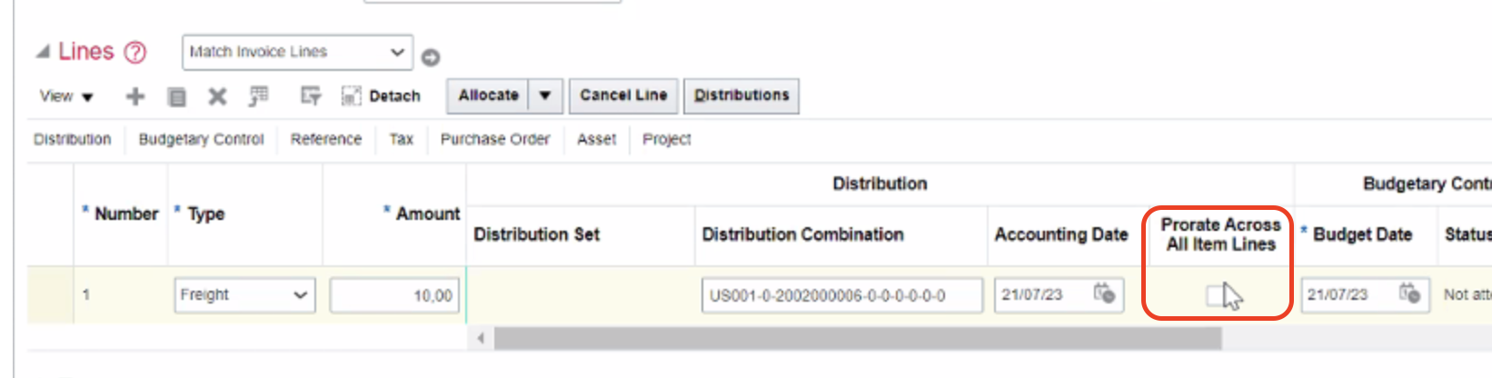 "Prorate Across All Item Lines" checkbox in edit invoice page is editable when this option is disabled.