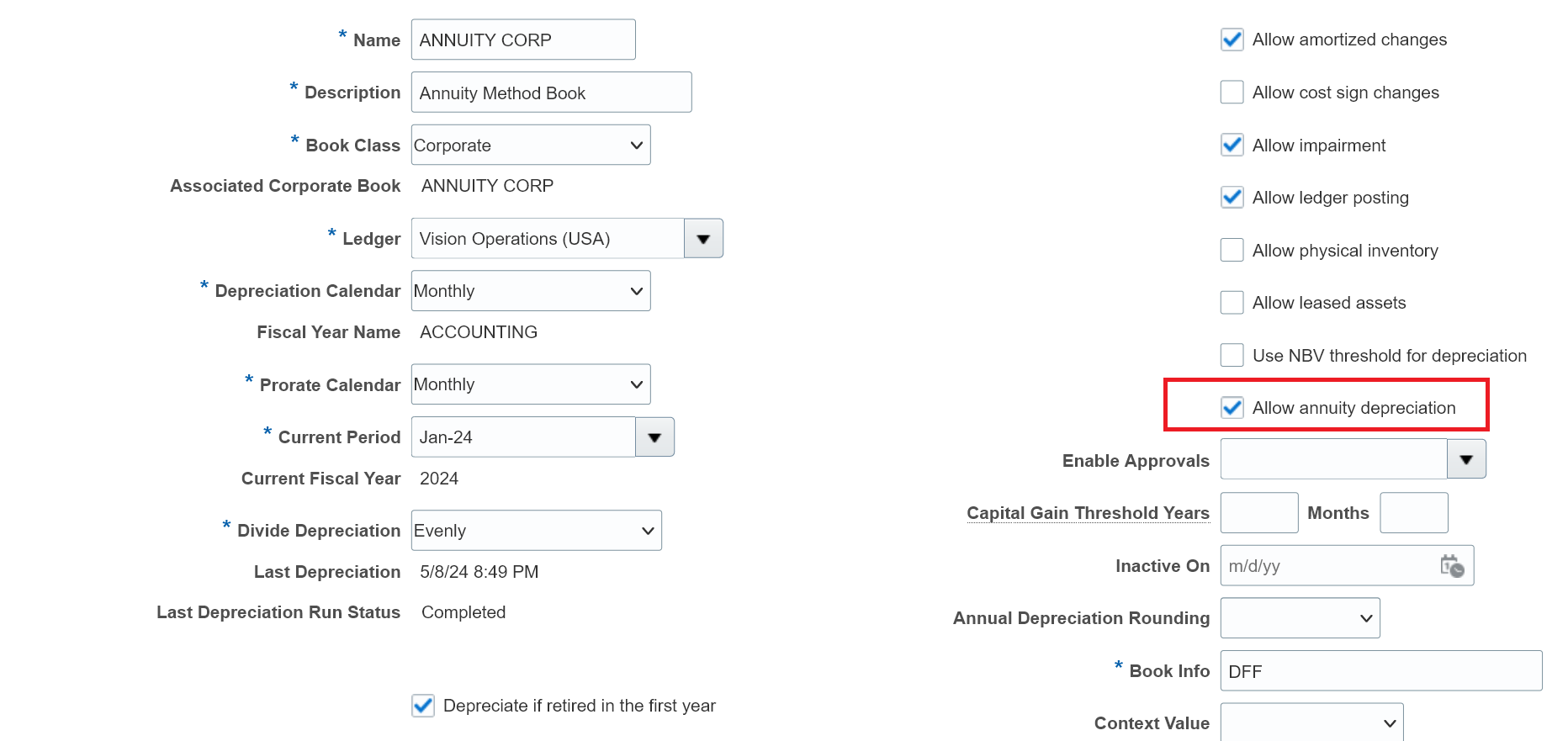 View of Asset Book Setup