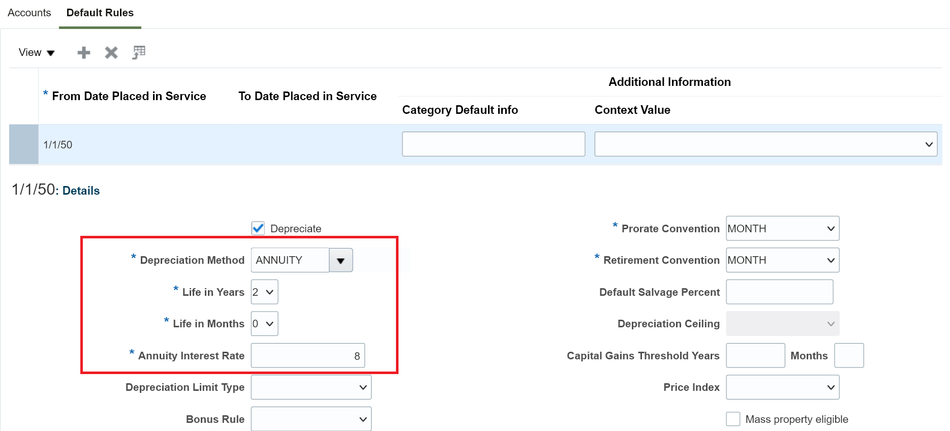 View of Asset Cateogry Default Rules