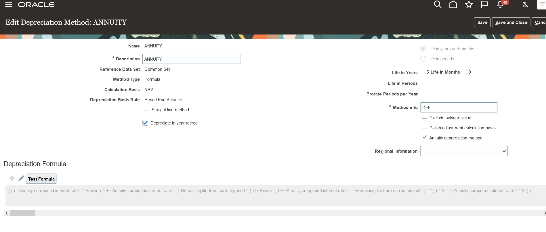 View of Annuity Depreciation Method Setup