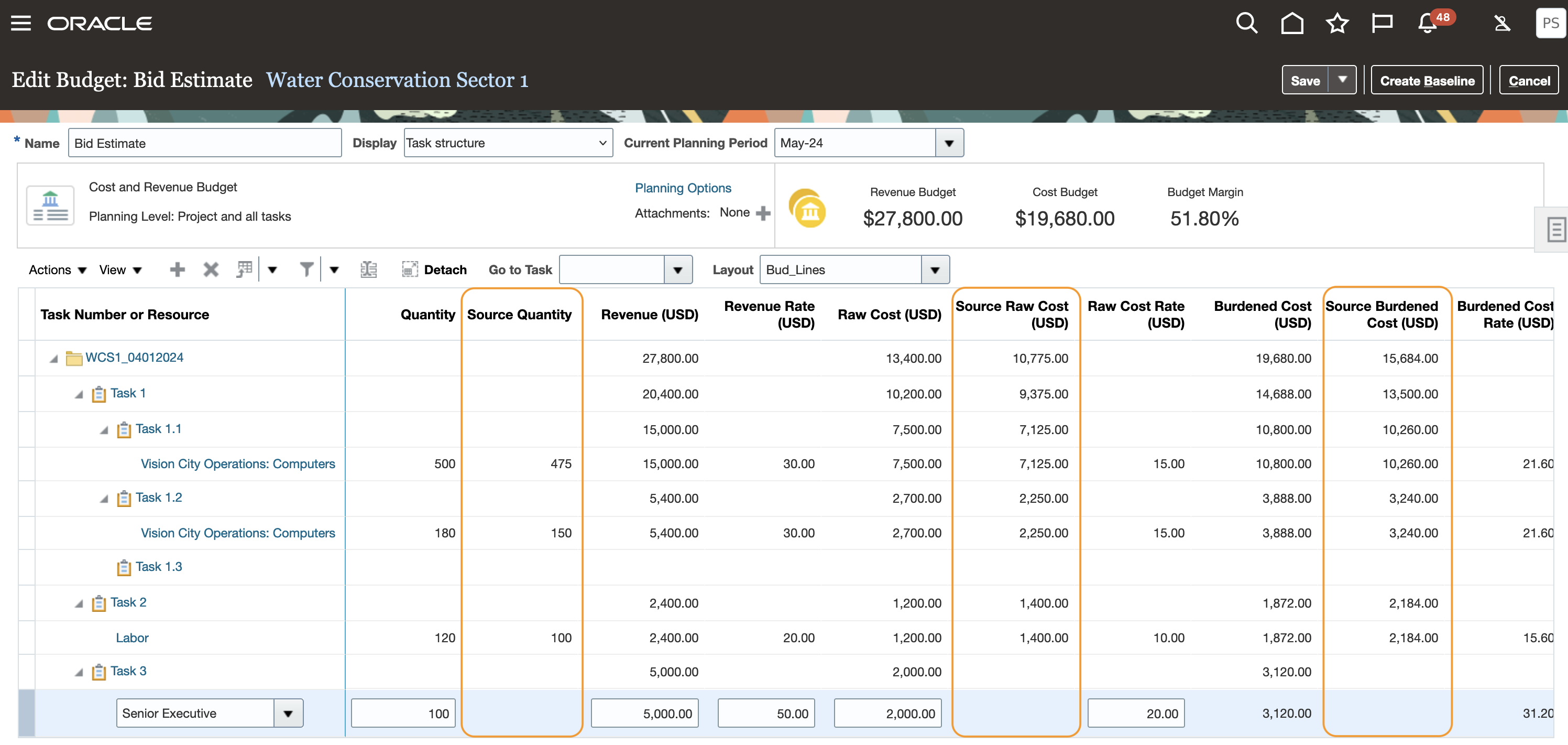 Source Quantiy and Amount Coloumns on the Edit Budget Version Page