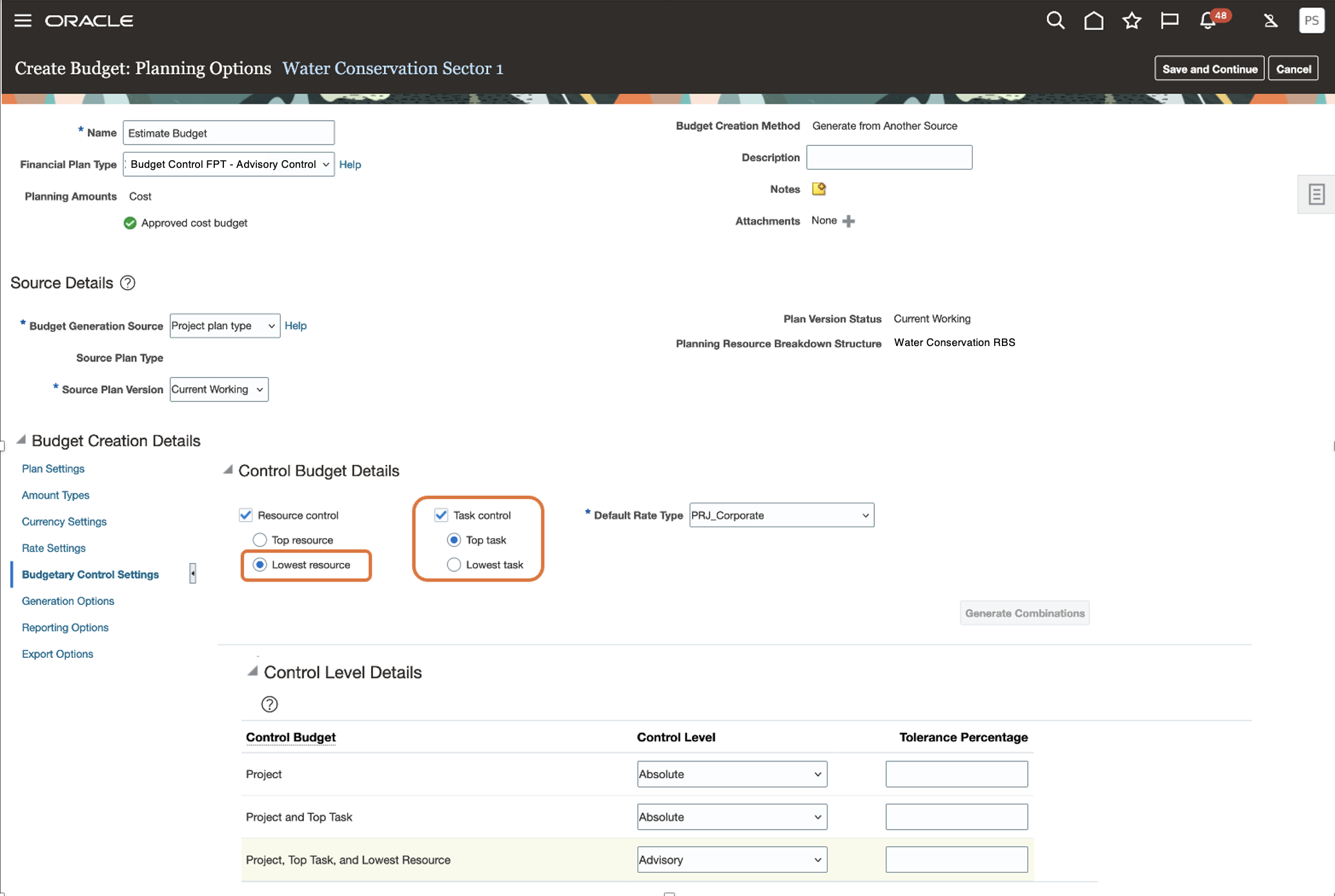 Manage Project Budget Planning Options