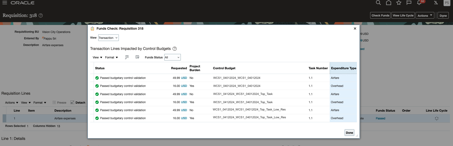 View Funds Results for Requisition