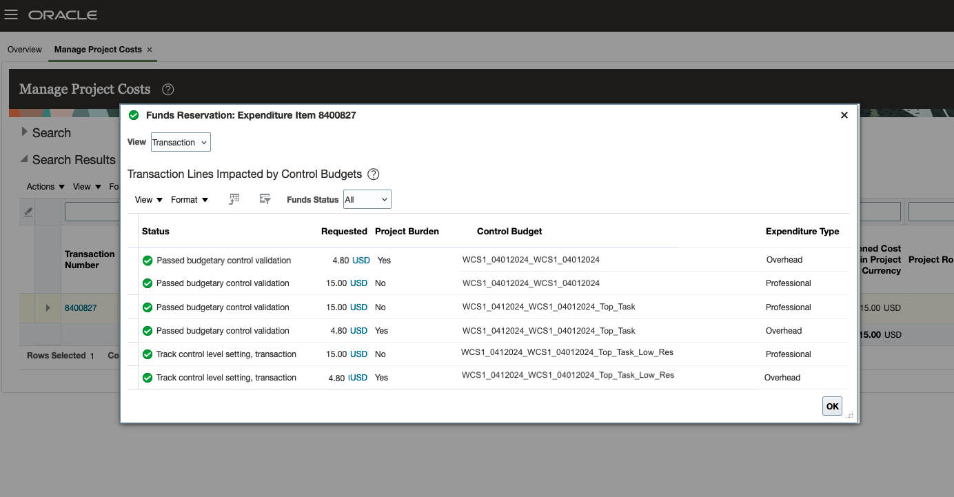 View Funds Results for Labor Cost in the Manage Project Costs page