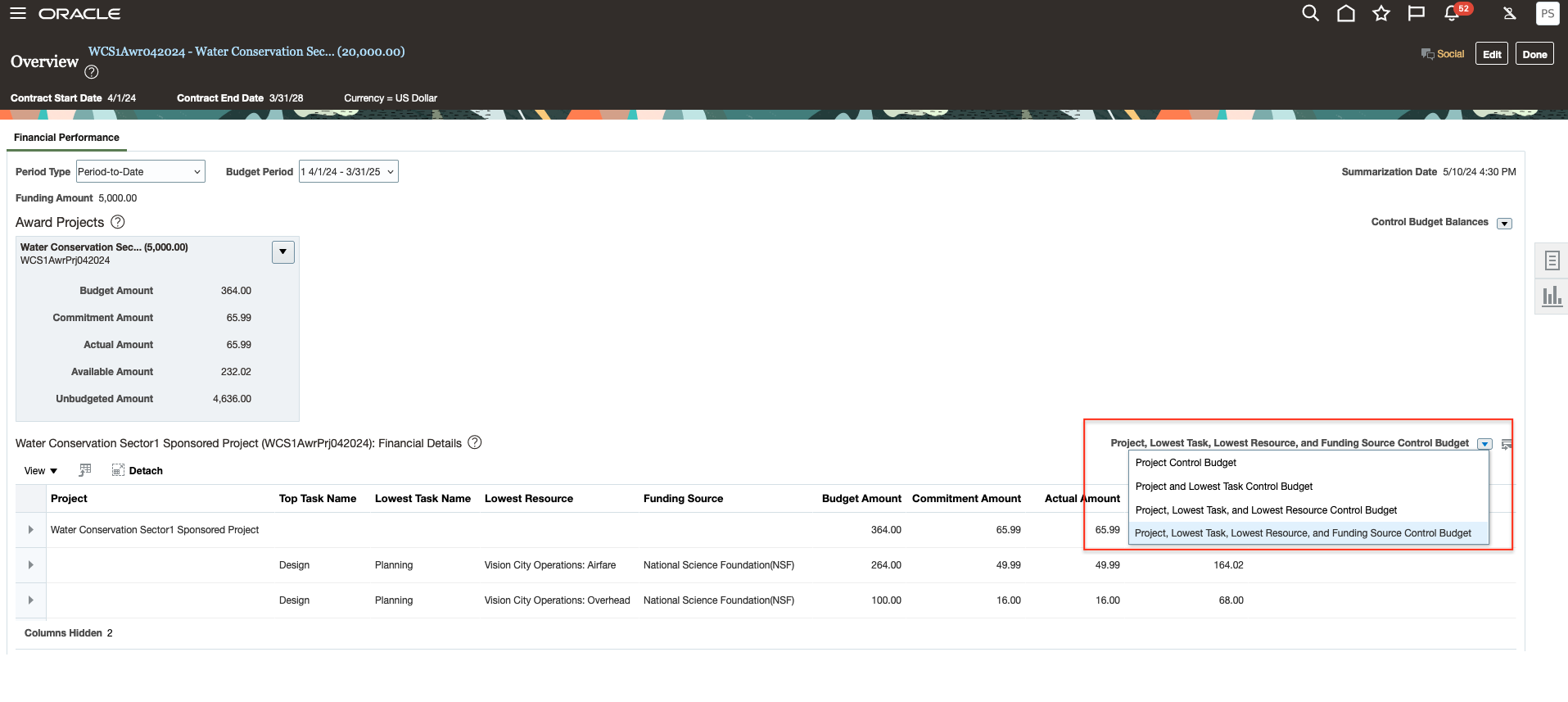 Control Budget Balances in the Award Overview page