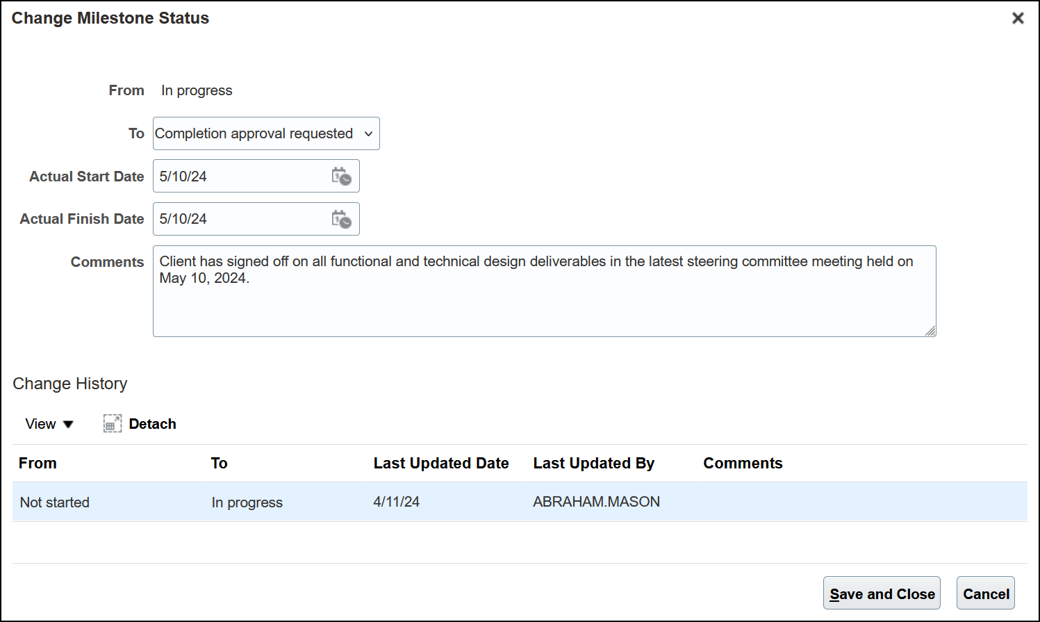 Milestone Status Change Comments and History View in the Financial Project Plan