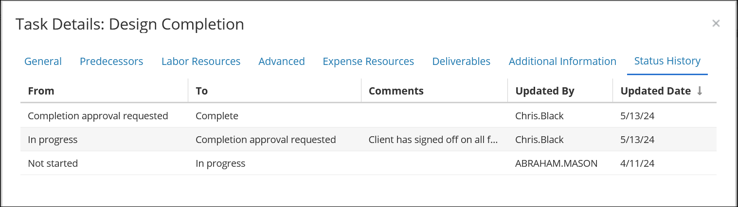 Milestone Status Change History View in the Project Plan