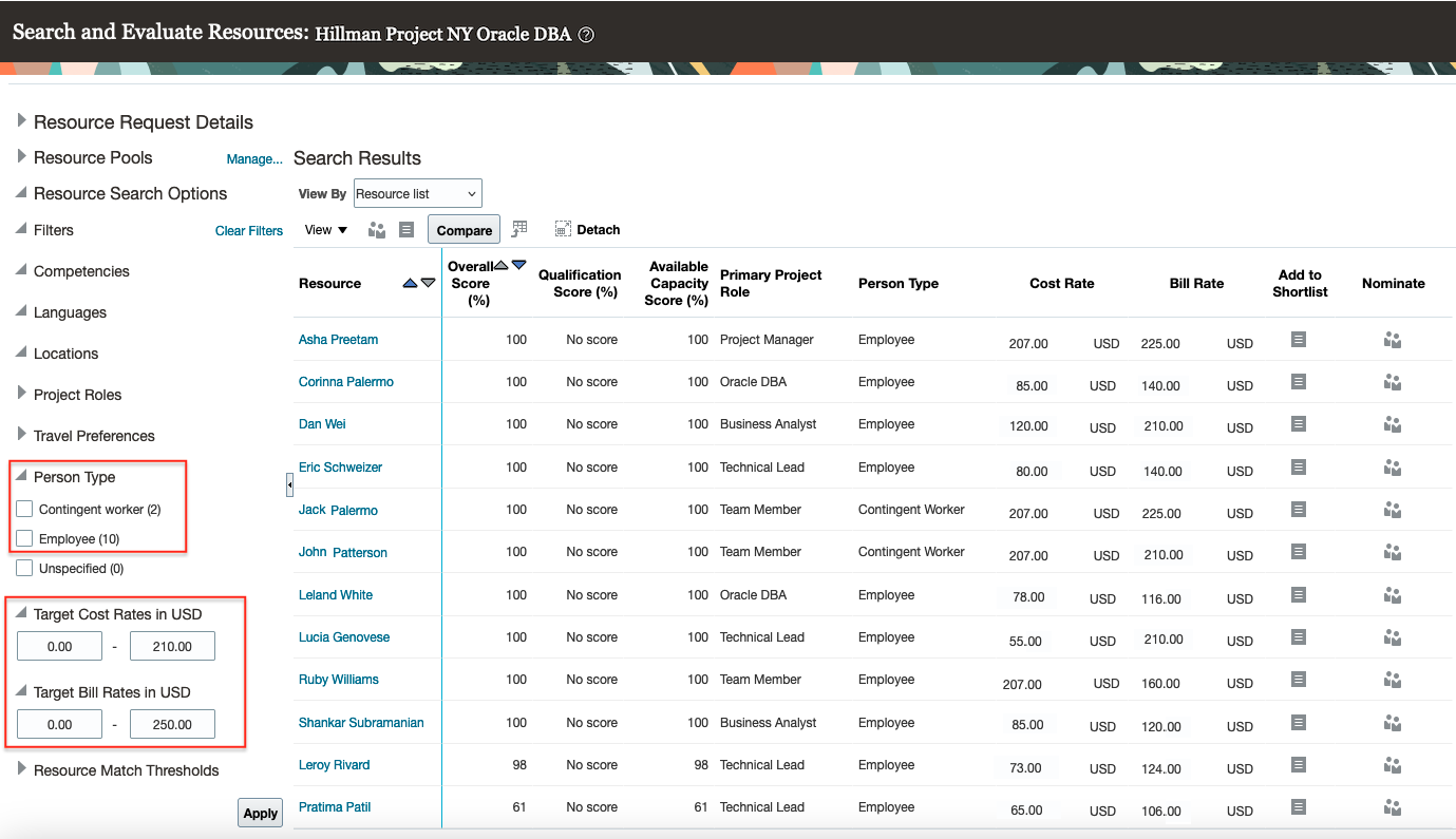 All eligible resources searched for evaluation within the given range of Target rates for a request