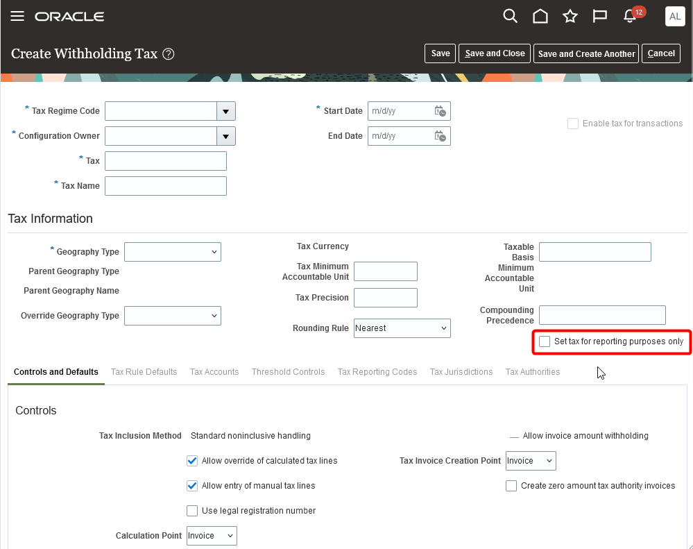 Create Withholding Tax page
