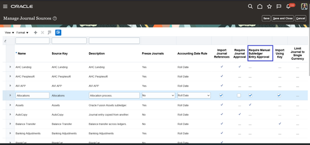 Manage Journal Sources, Require Manual Subledger Entry Approval View