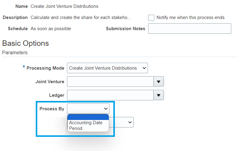 Process options for the Create Joint Venture Distributions process