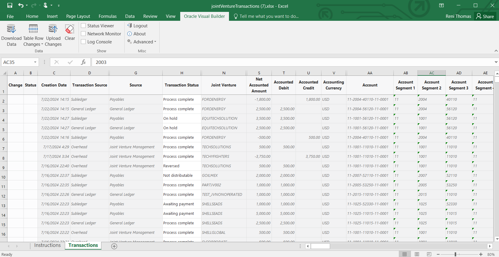 Manage Joint Venture Transaction spreadsheet with a single worksheet for subledger accounting, general ledger, manual and overhead transactions.