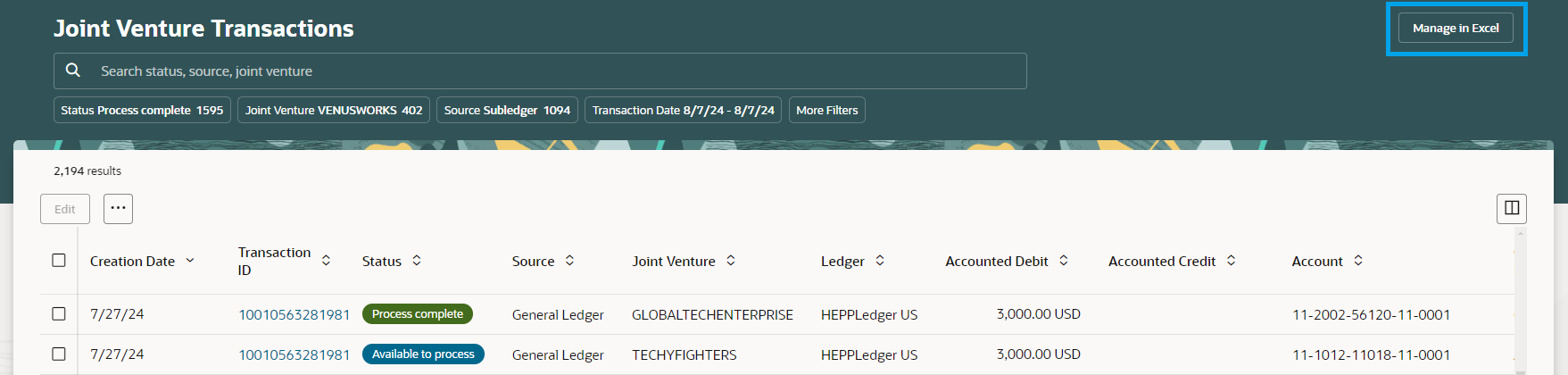 Joint Venture Transactions workarea.