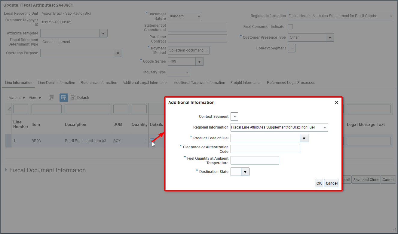 Regional Information for Fiscal Line Attributes page