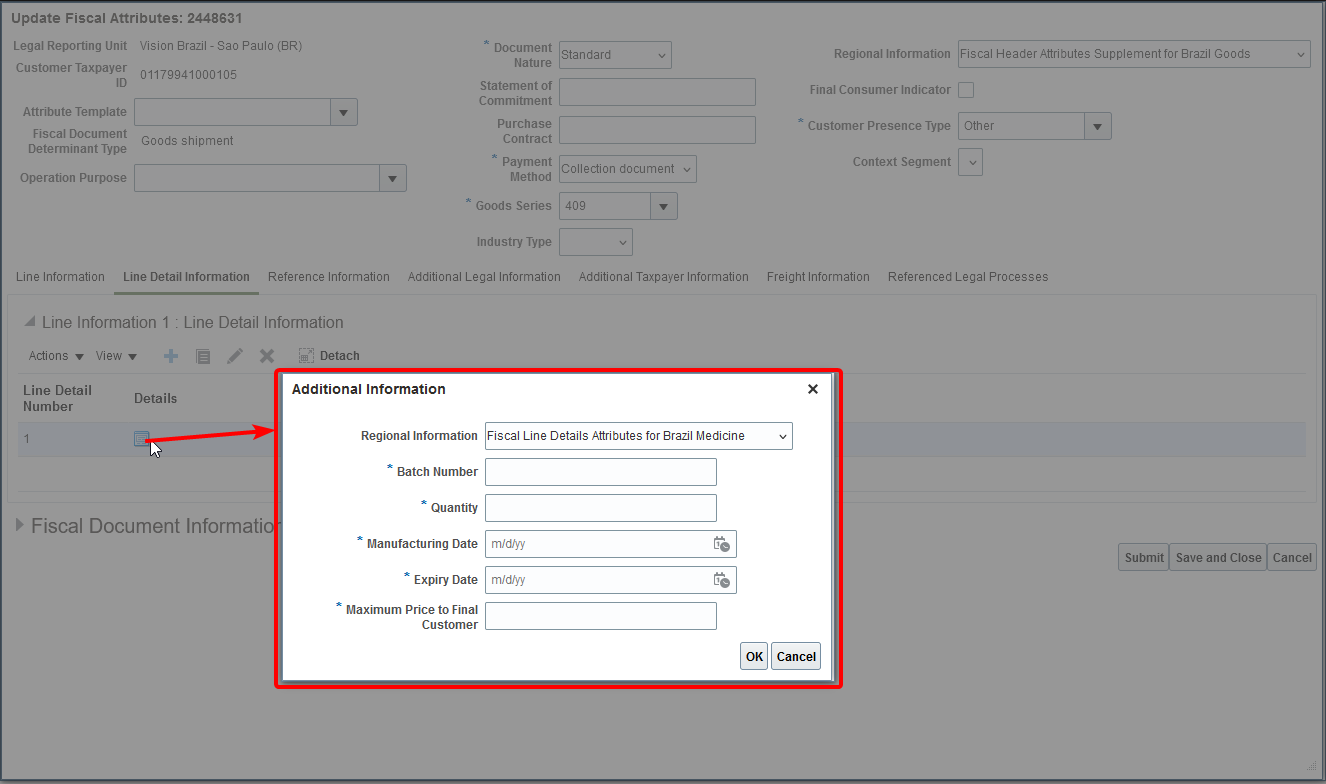 Regional Information at Fiscal Line Attributes page