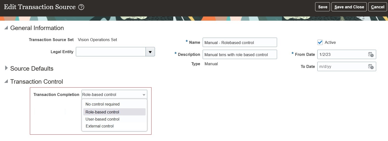 Transaction Source setup page