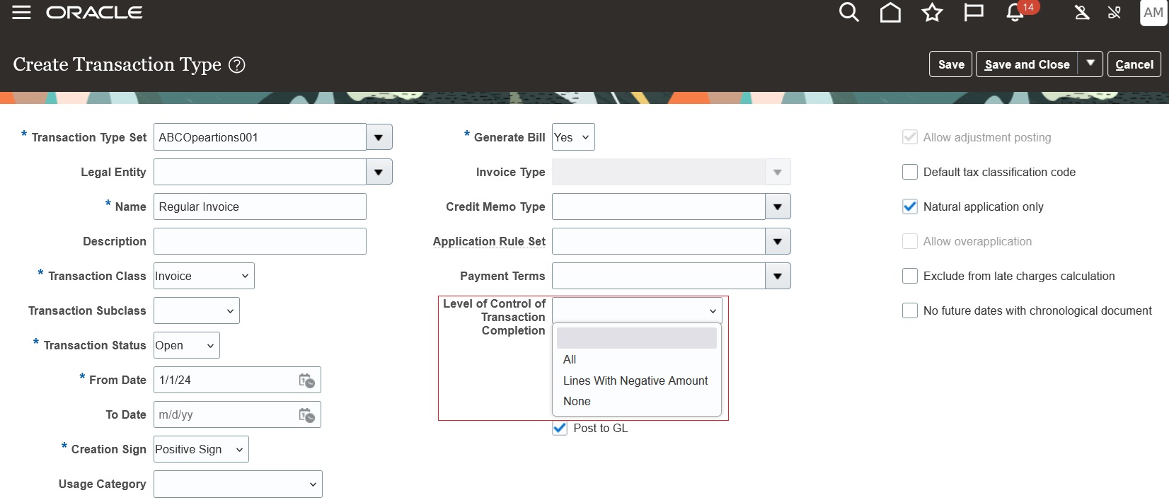 Transaction Type setup