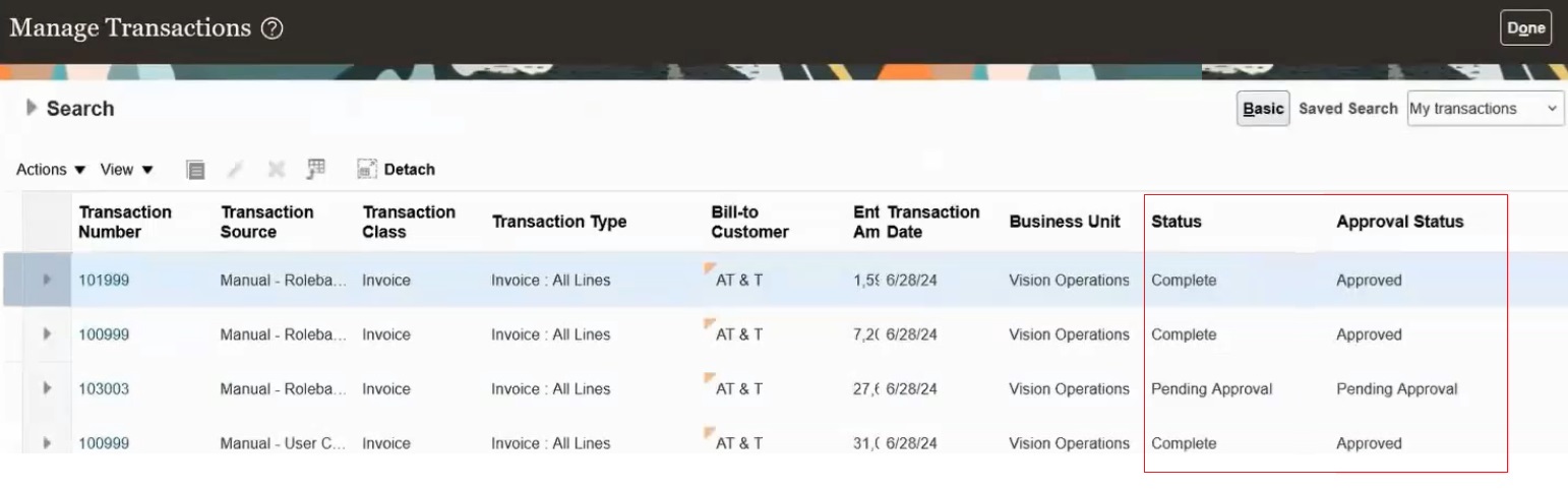 Manage Transaction page