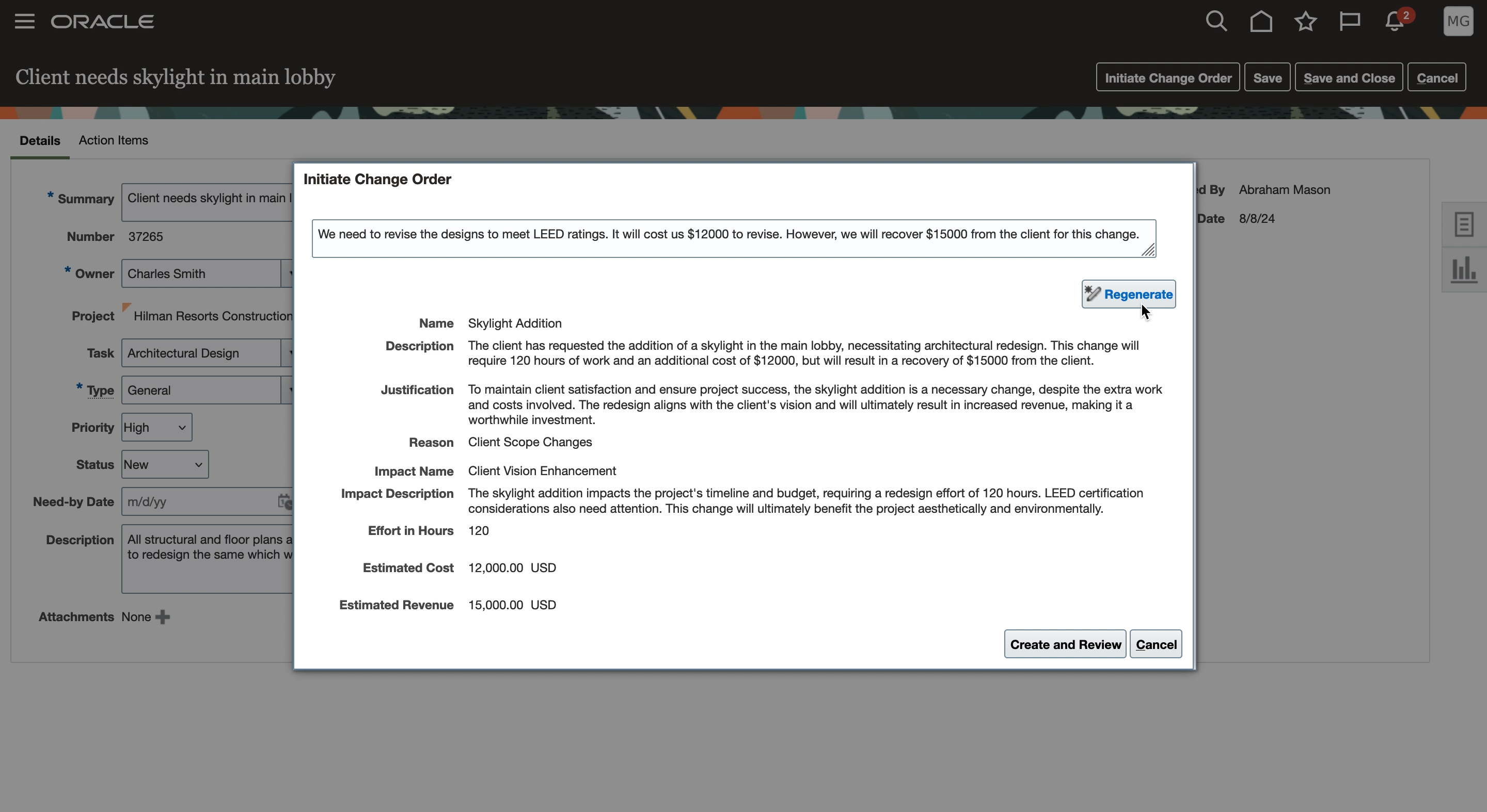 Change Order Generation from Project Issue