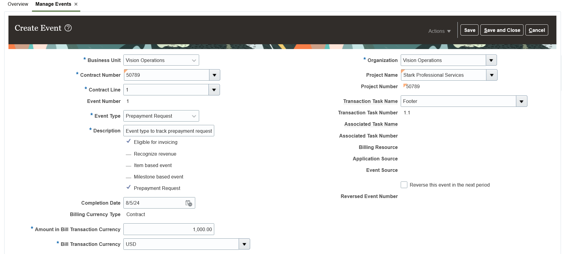 Prepayment Request Billing Event