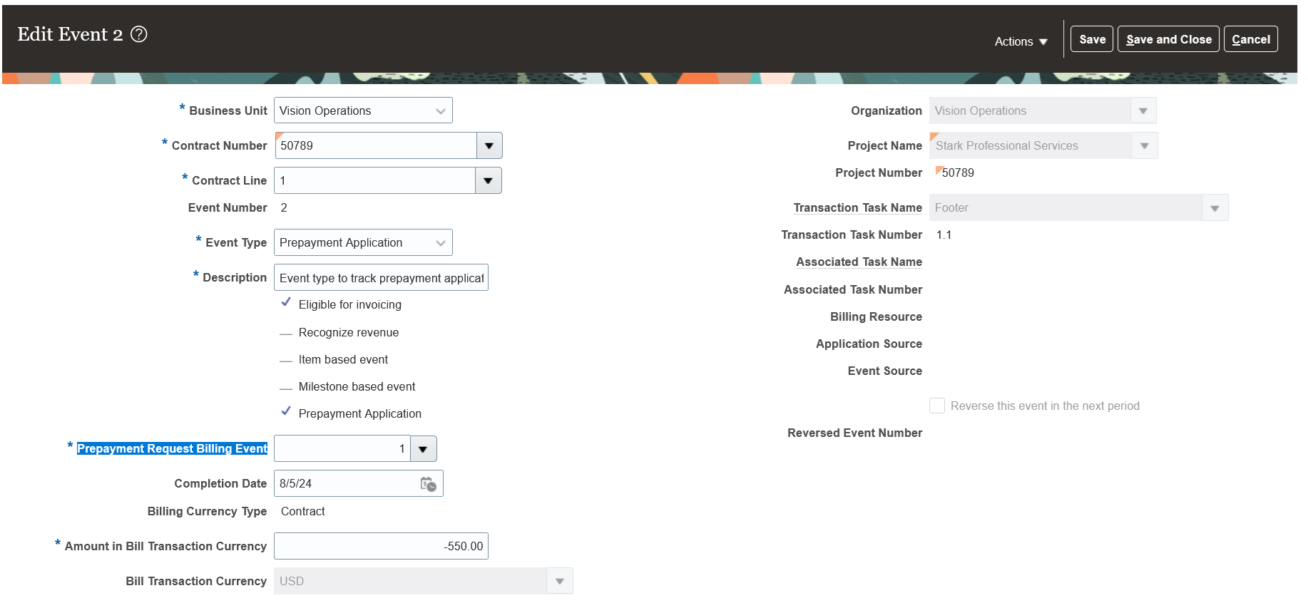 Prepayment Application Billing Event entered for a contract and contract line.