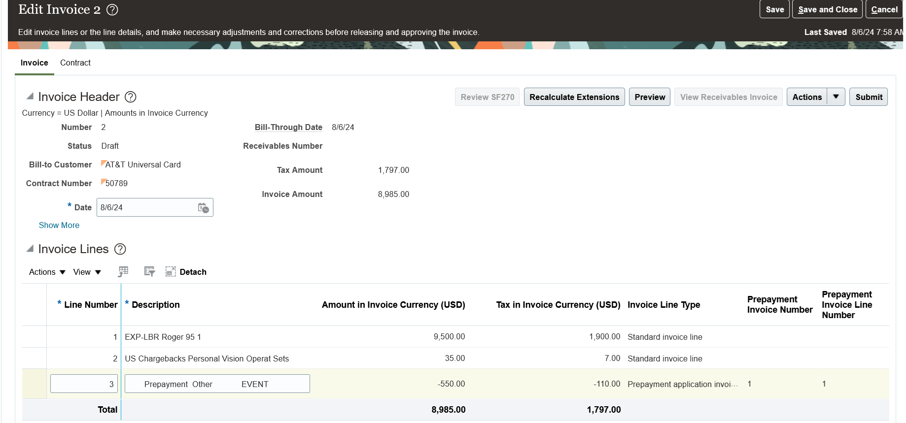 Standard Invoice with Prepayment application invoice lines