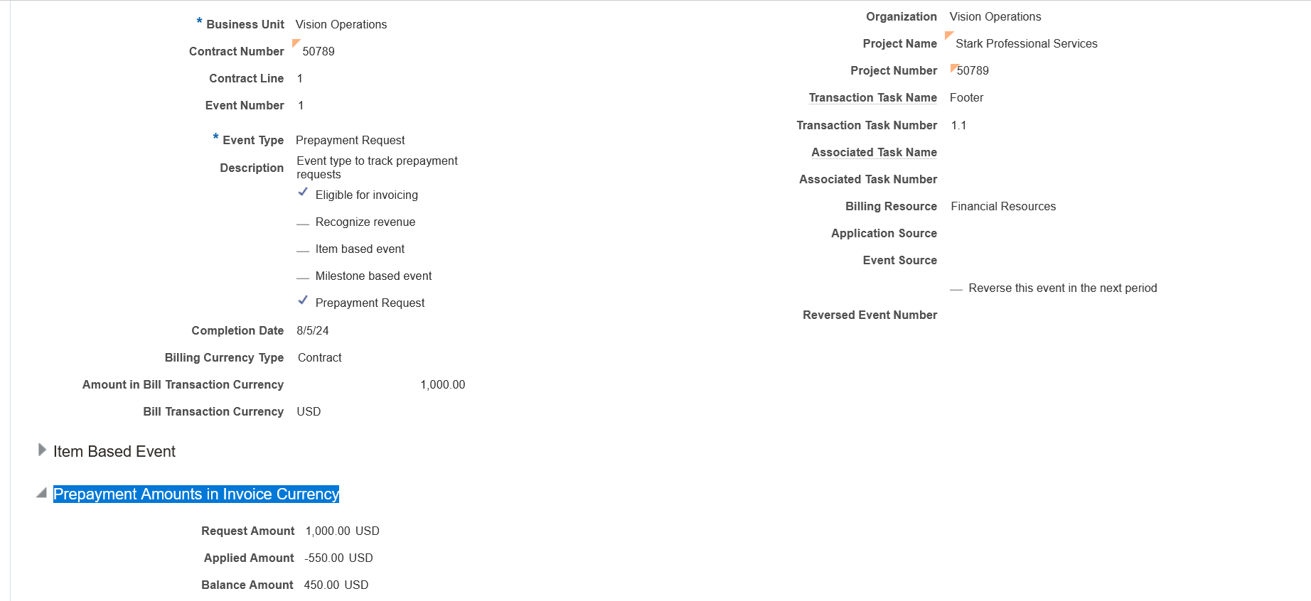 Applied and Unapplied Balances on a Prepayment Request Billing Event