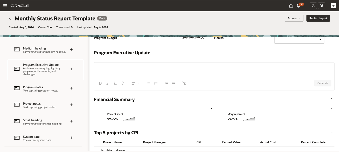 Adding 'Program Executive Update' Catalog Item to Template