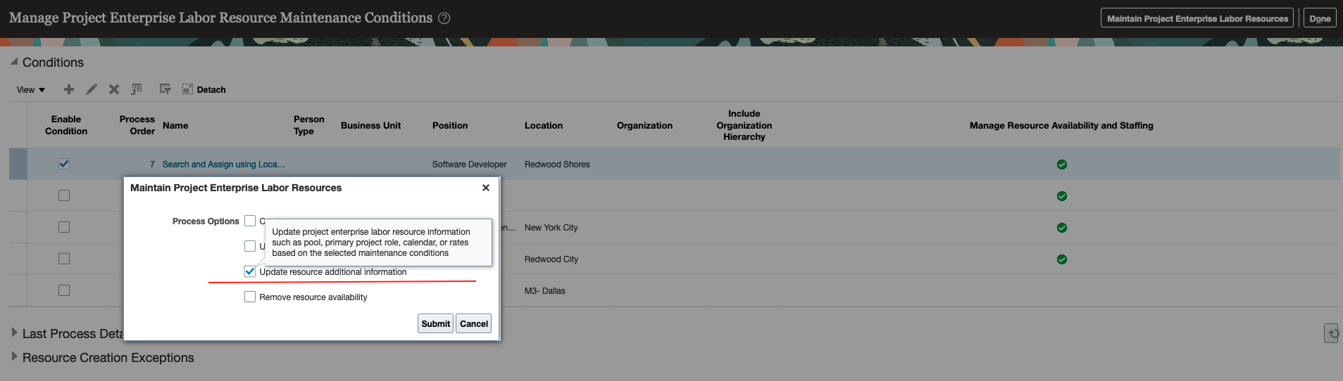 A new process option to update additional attributes for the selected condition