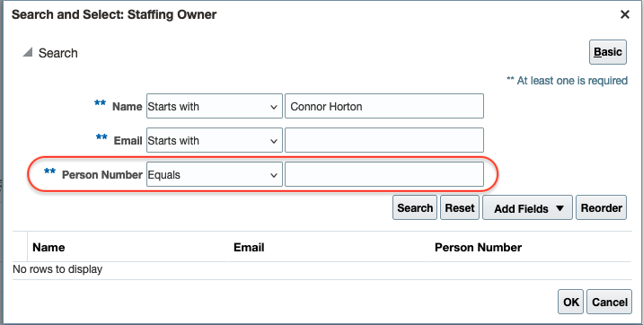 Person number is available as additional criteria in the advance search for pages such as Manage Project Resource Requests