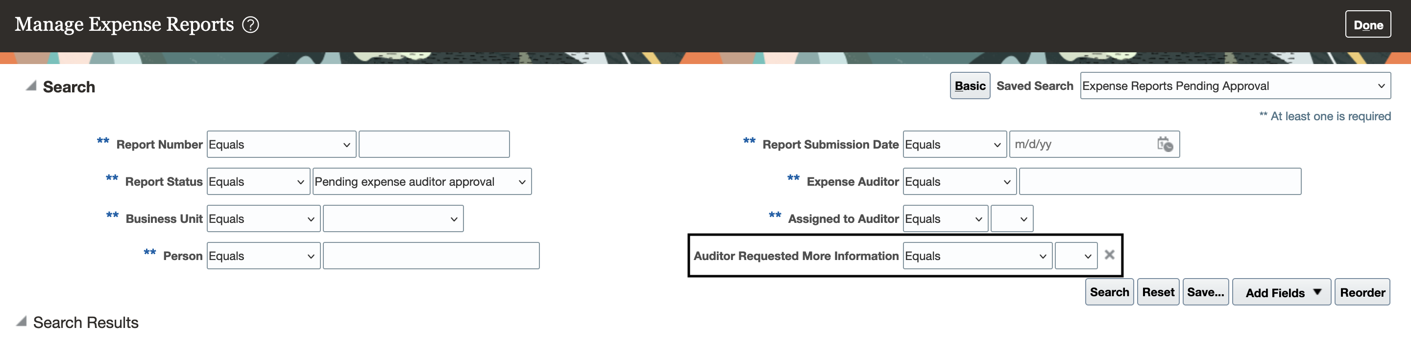 A new criteria "Auditor Requested More Information" is added in the Search section of Manage Expense Reports