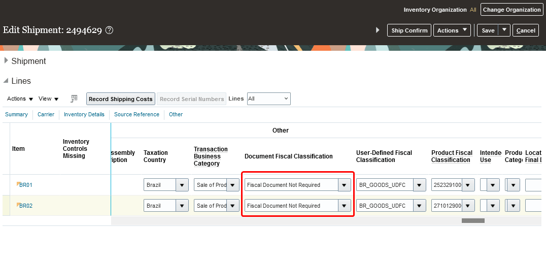 Manage Shipment Lines page