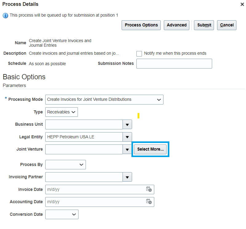 Option to select multiple joint ventures.