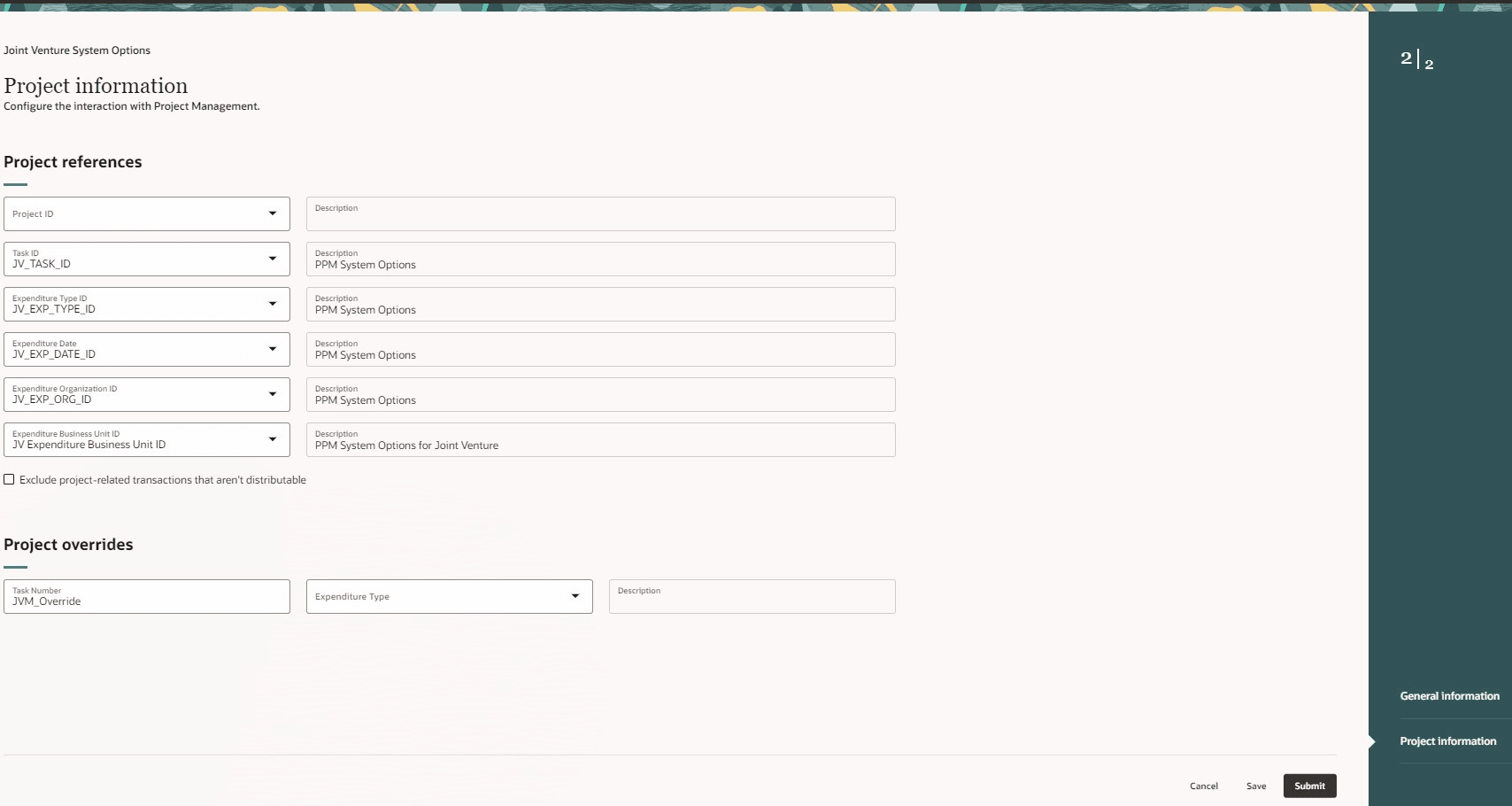 System Options - Project information.