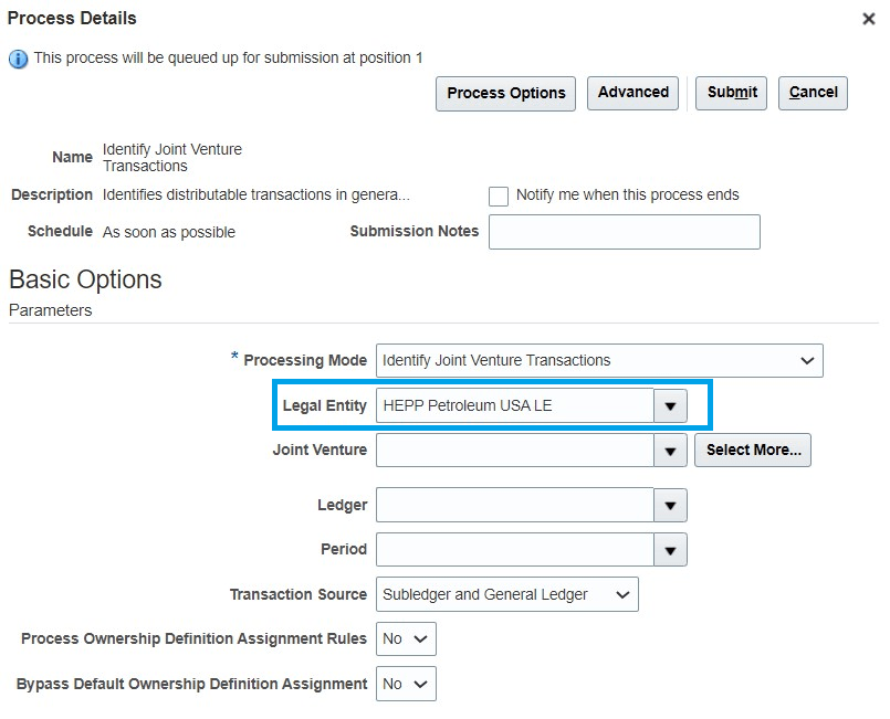 Parameter to select transactions by legal entity.