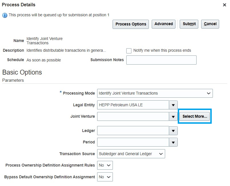Option to select multiple joint ventures.