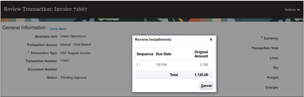 Review Installments window