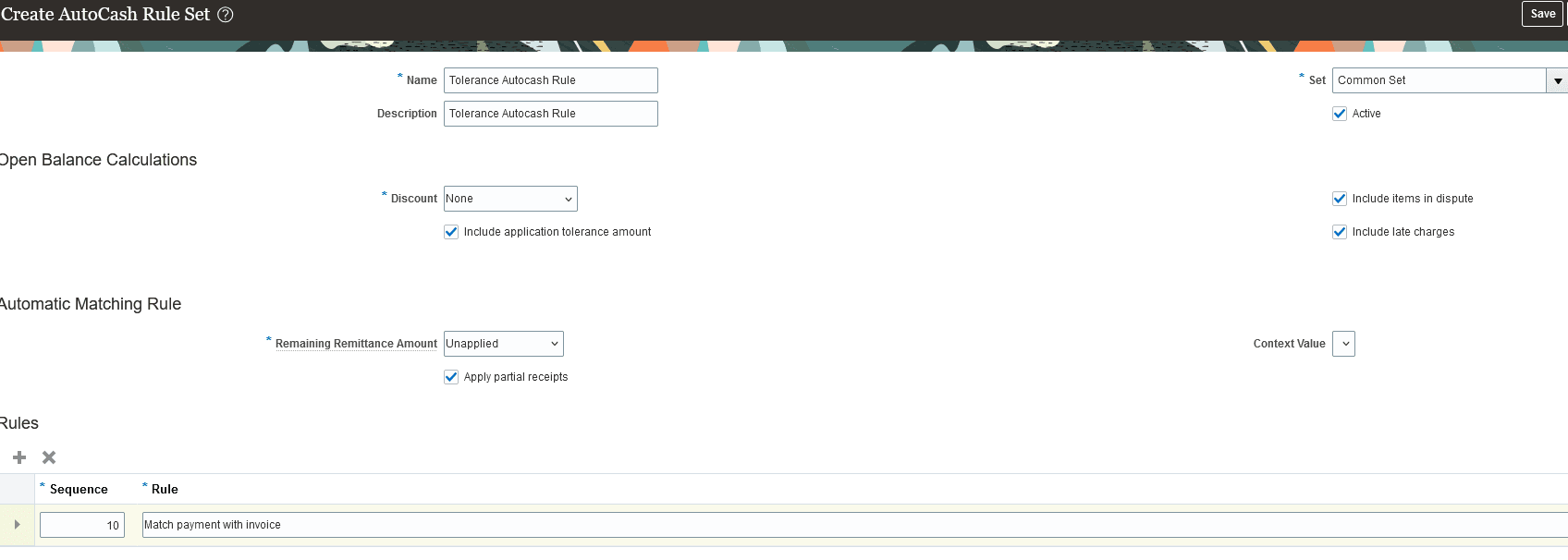 Autocash Rule with include tolerance amount enabled