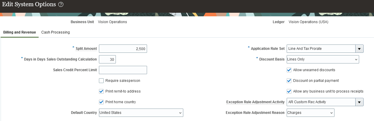 Receivables System Options - Billing tab