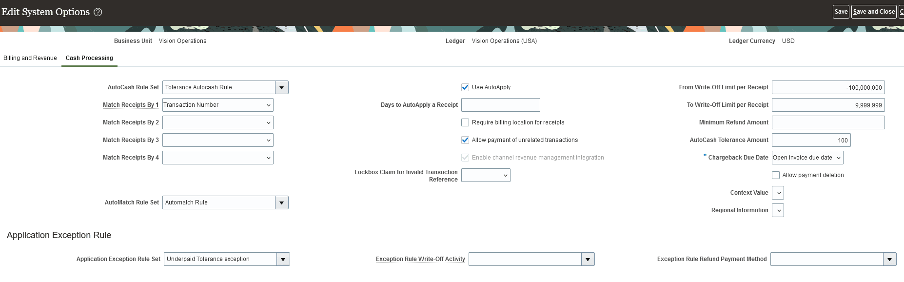 Receivables system options - Cash Processing tab