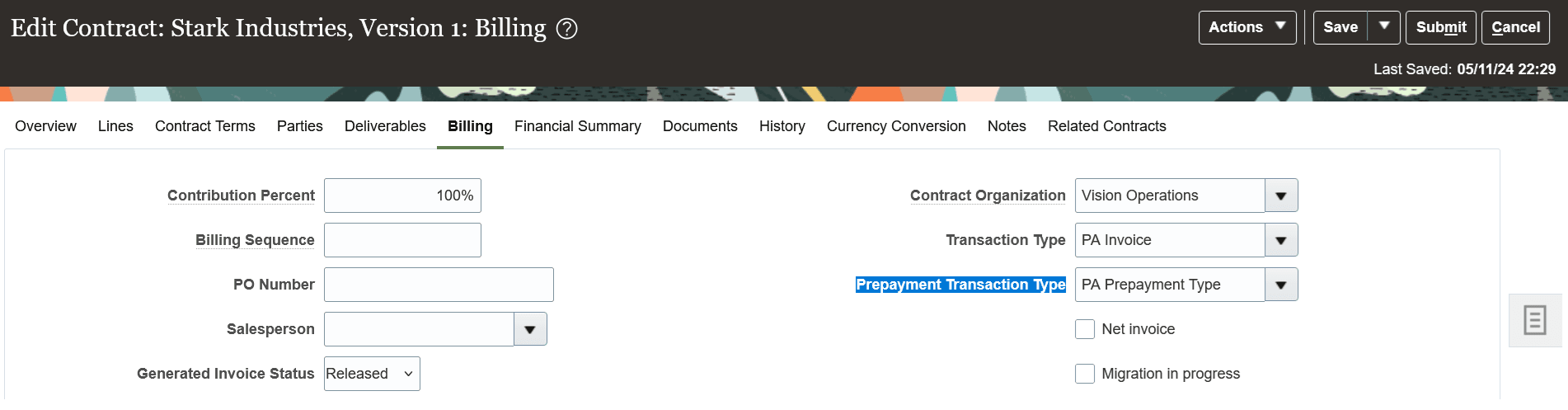 Prepayment Transaction Type in a Project Contract