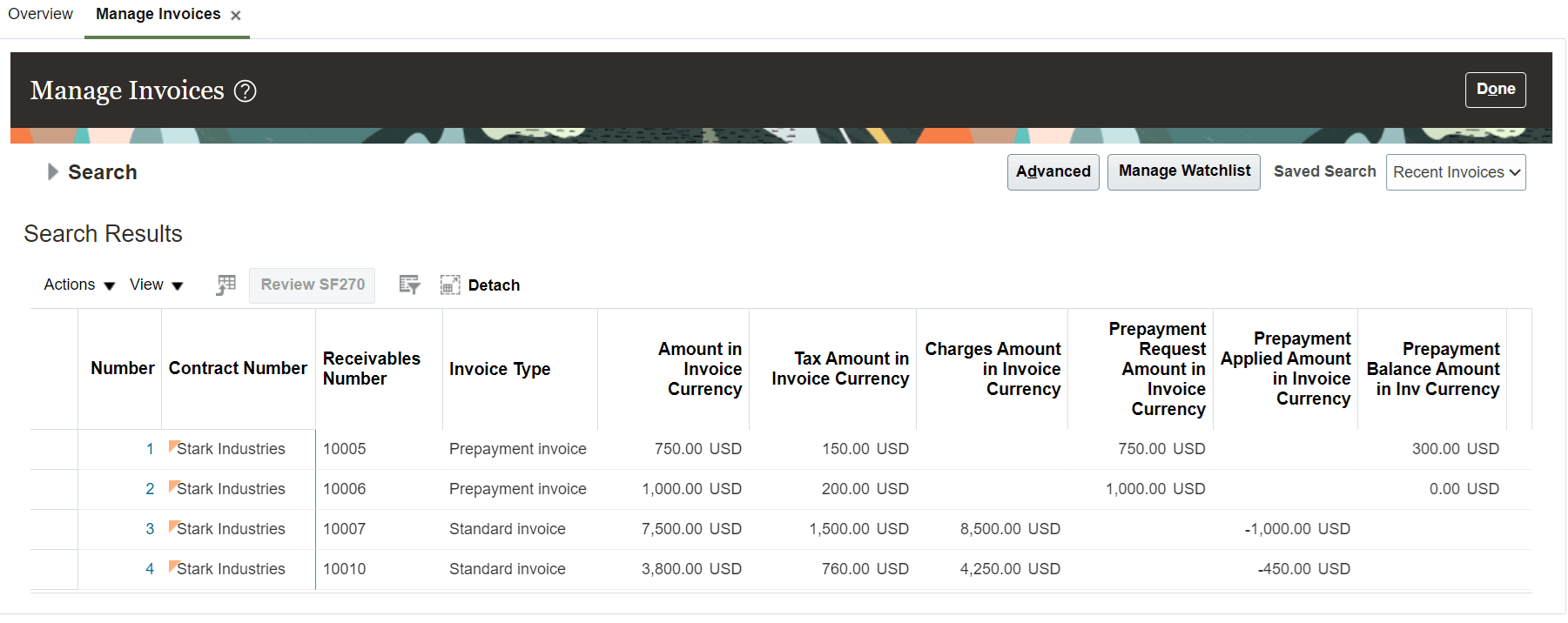 Prepayment Measures on Manage Invoices Page