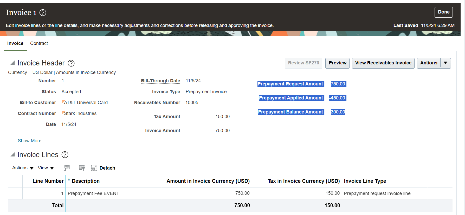 Invoice Details for a Prepayment Invoice