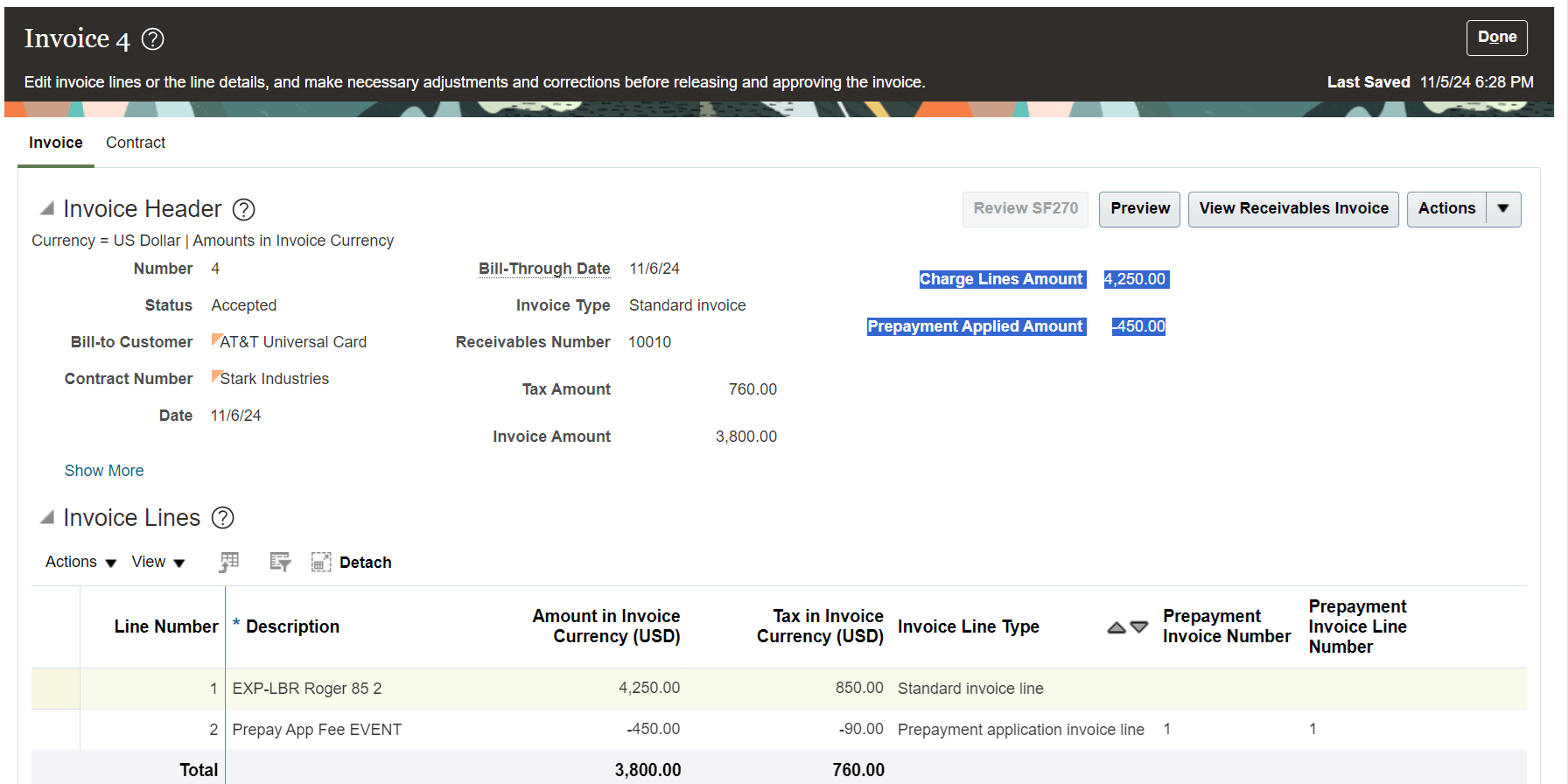 Invoice Details for a Standard Invoice with Prepayments Applied